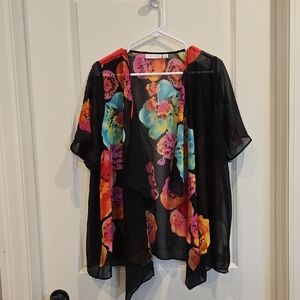 Susan Graver Black Sheer Blouse with Bright Floral Print